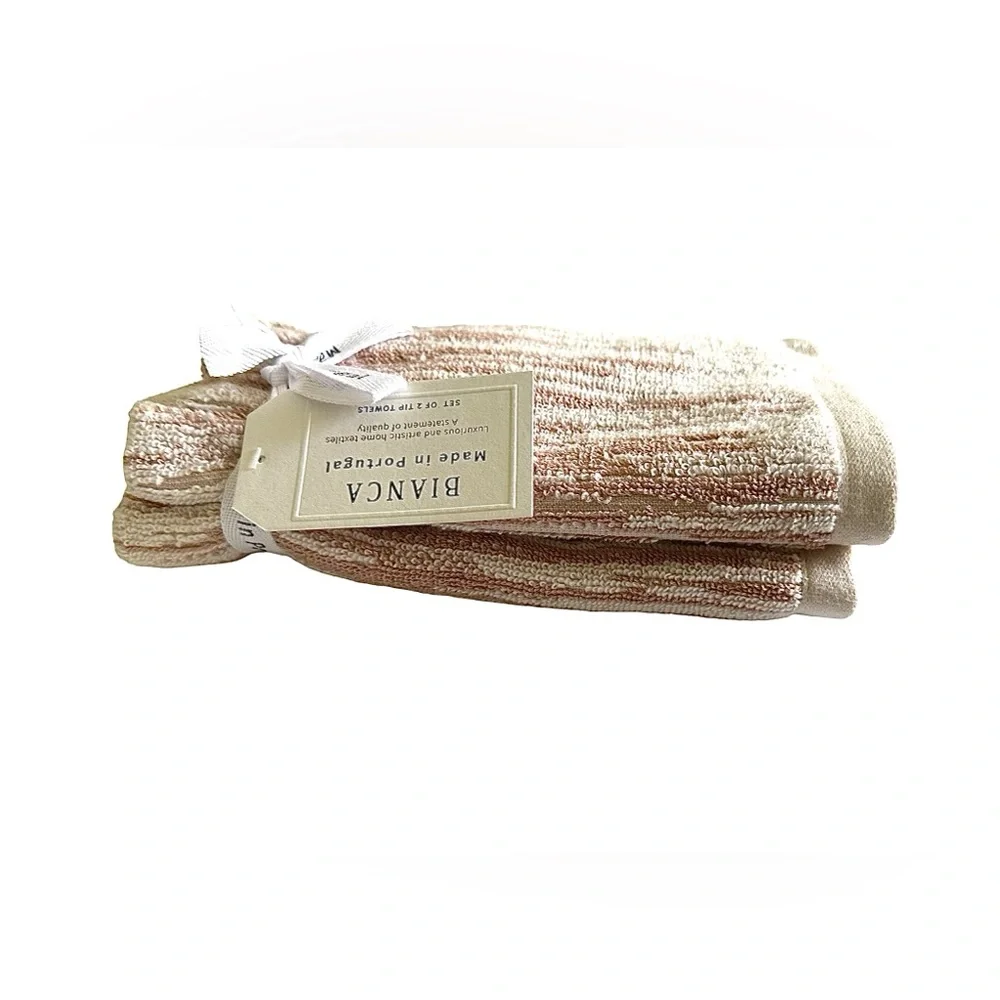 Bianca Cotton Tip Towels Set of 2 Made in Portugal Dusty light Peach & Ivory NEW